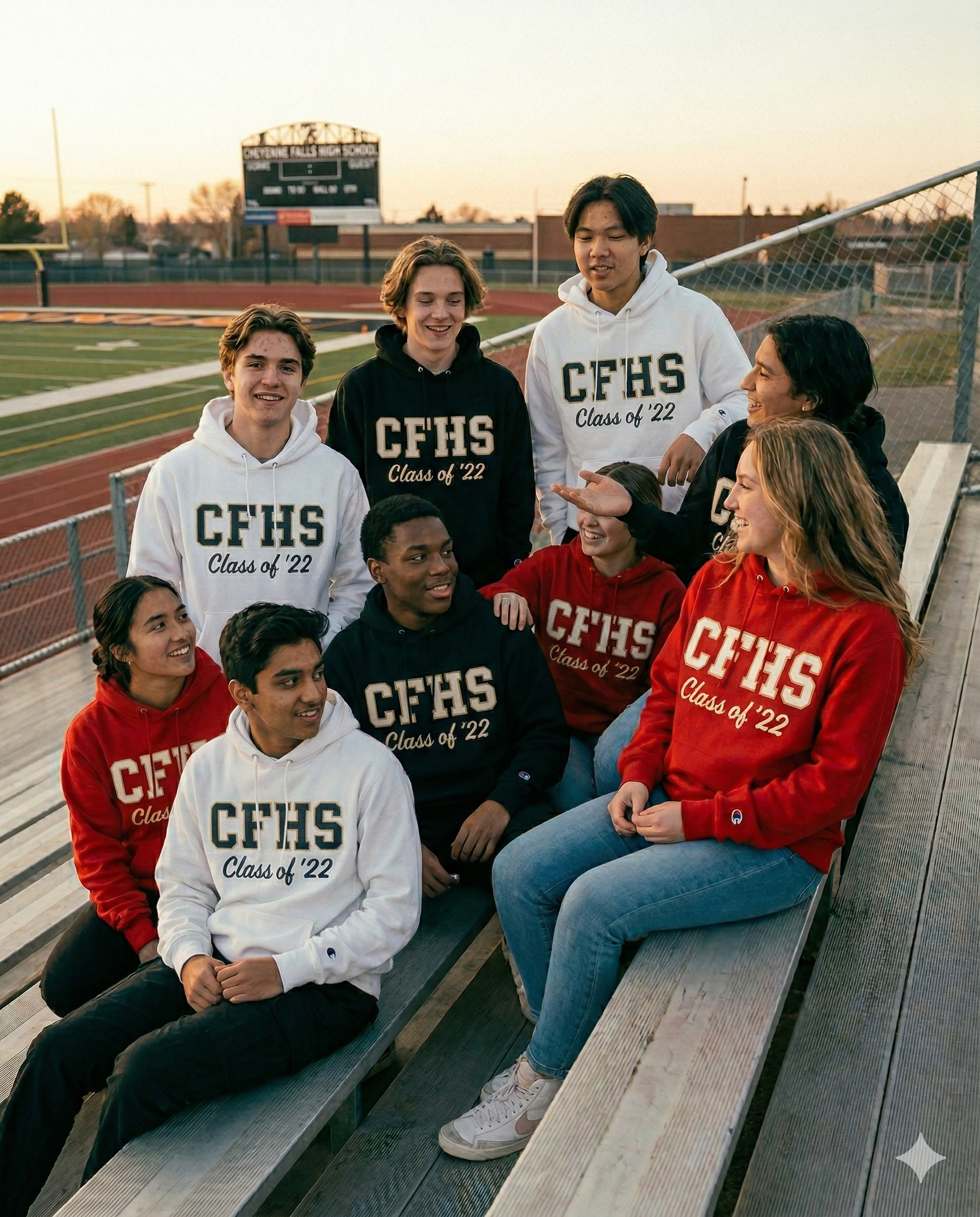 Class group on bleachers in their grad hoodies