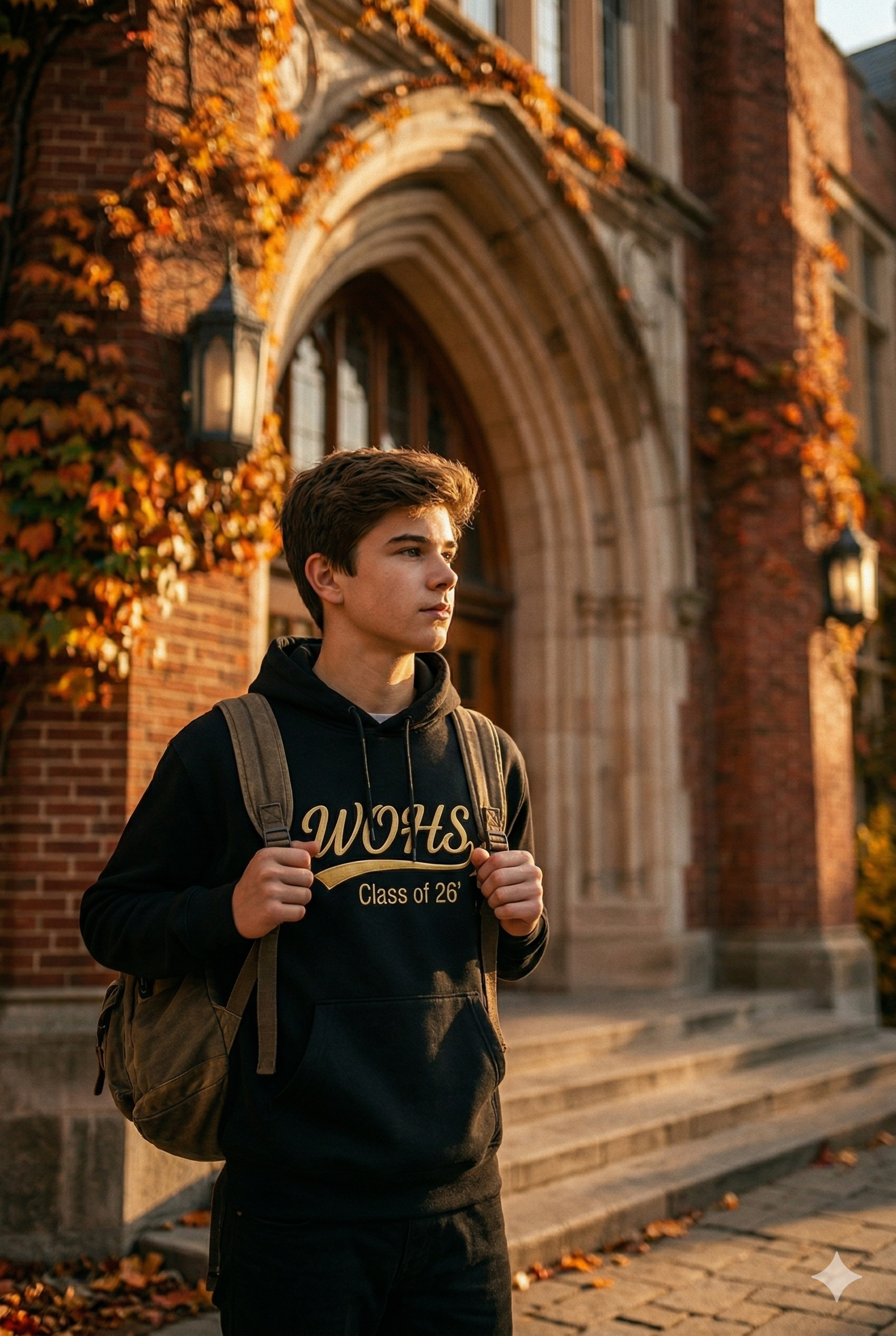 Student with backpack at school entrance