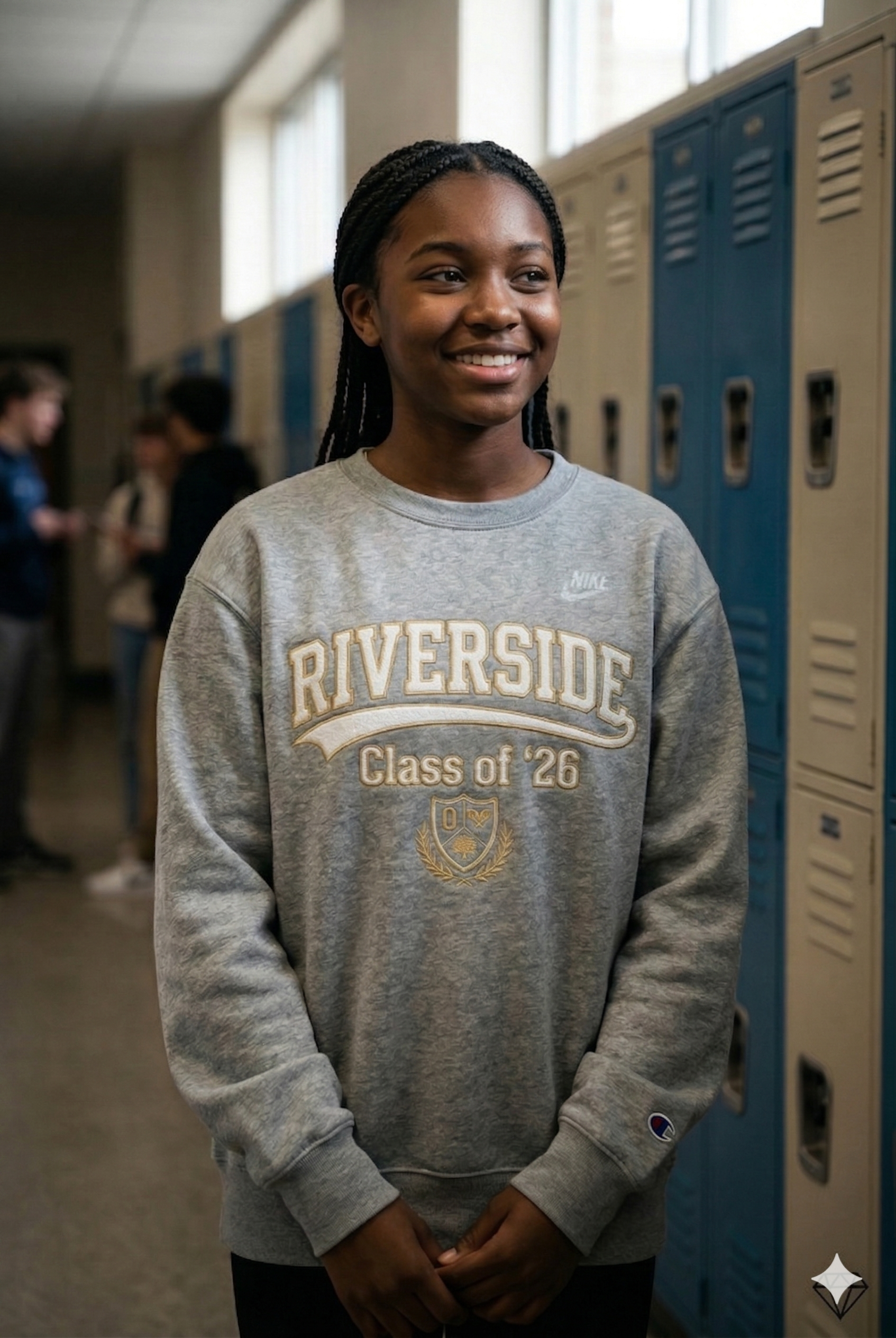 Student by lockers in hallway