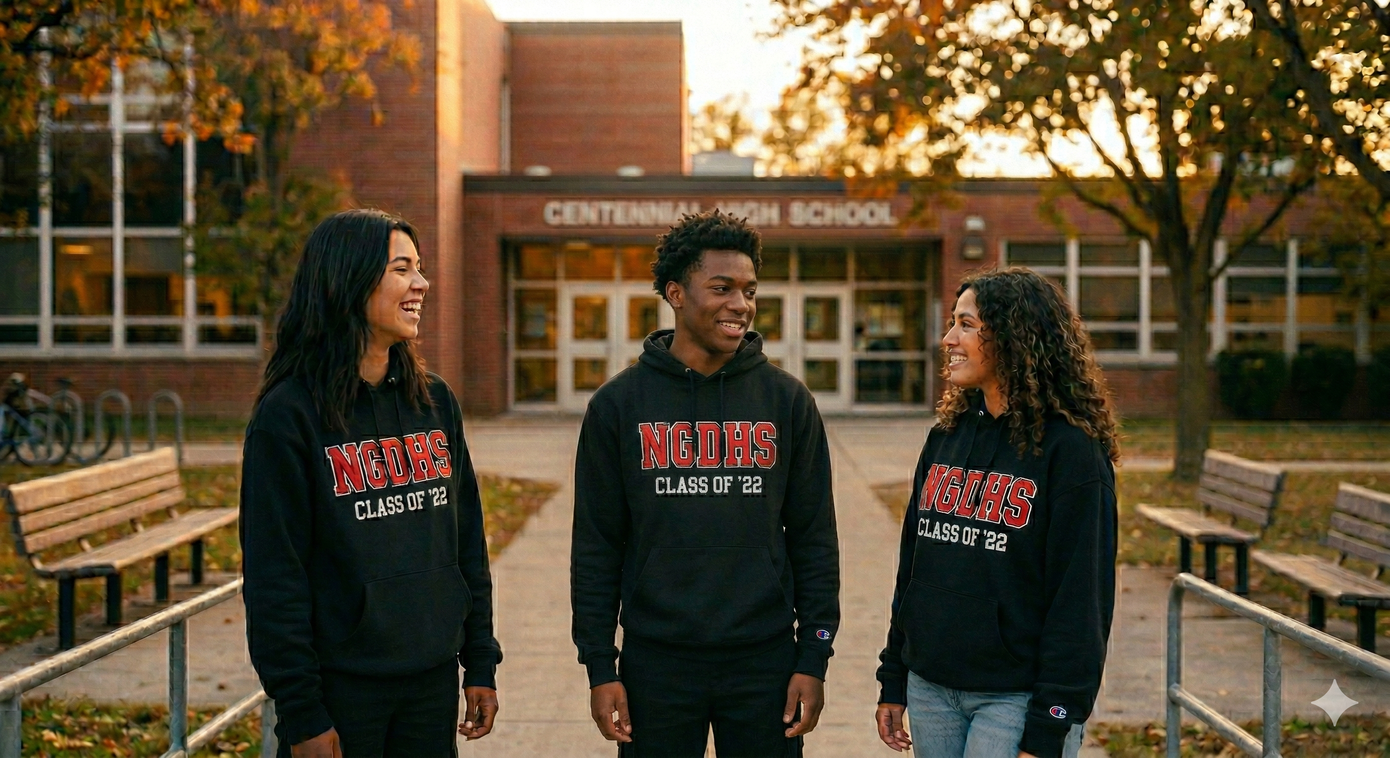 Students outside their school in custom grad hoodies